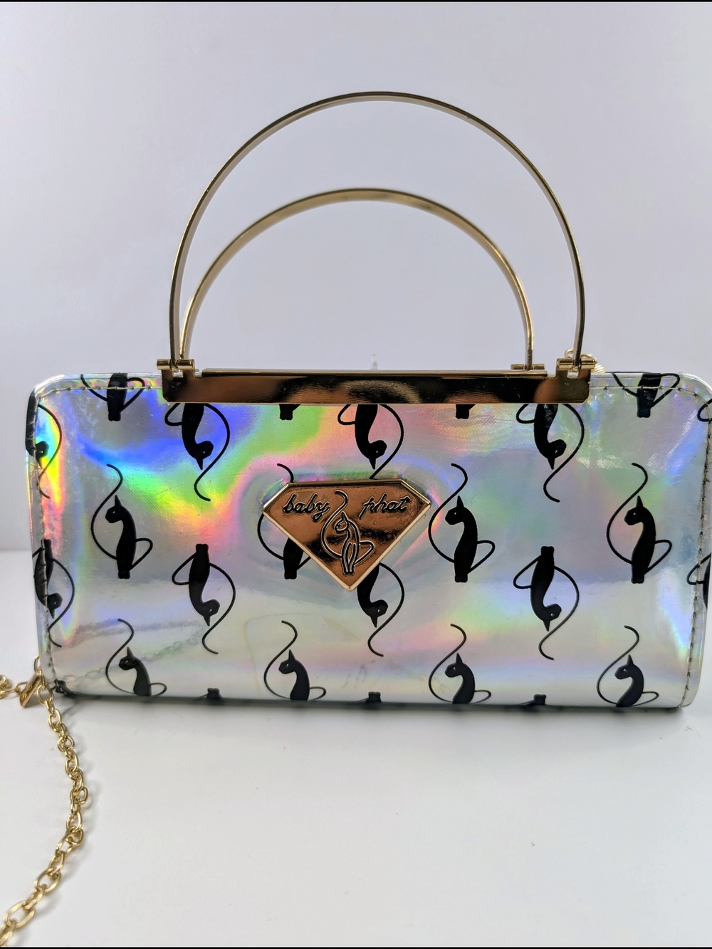Baby Phat Y2K Holographic Cat Print Wallet Purse Chain Strap Gold Handle